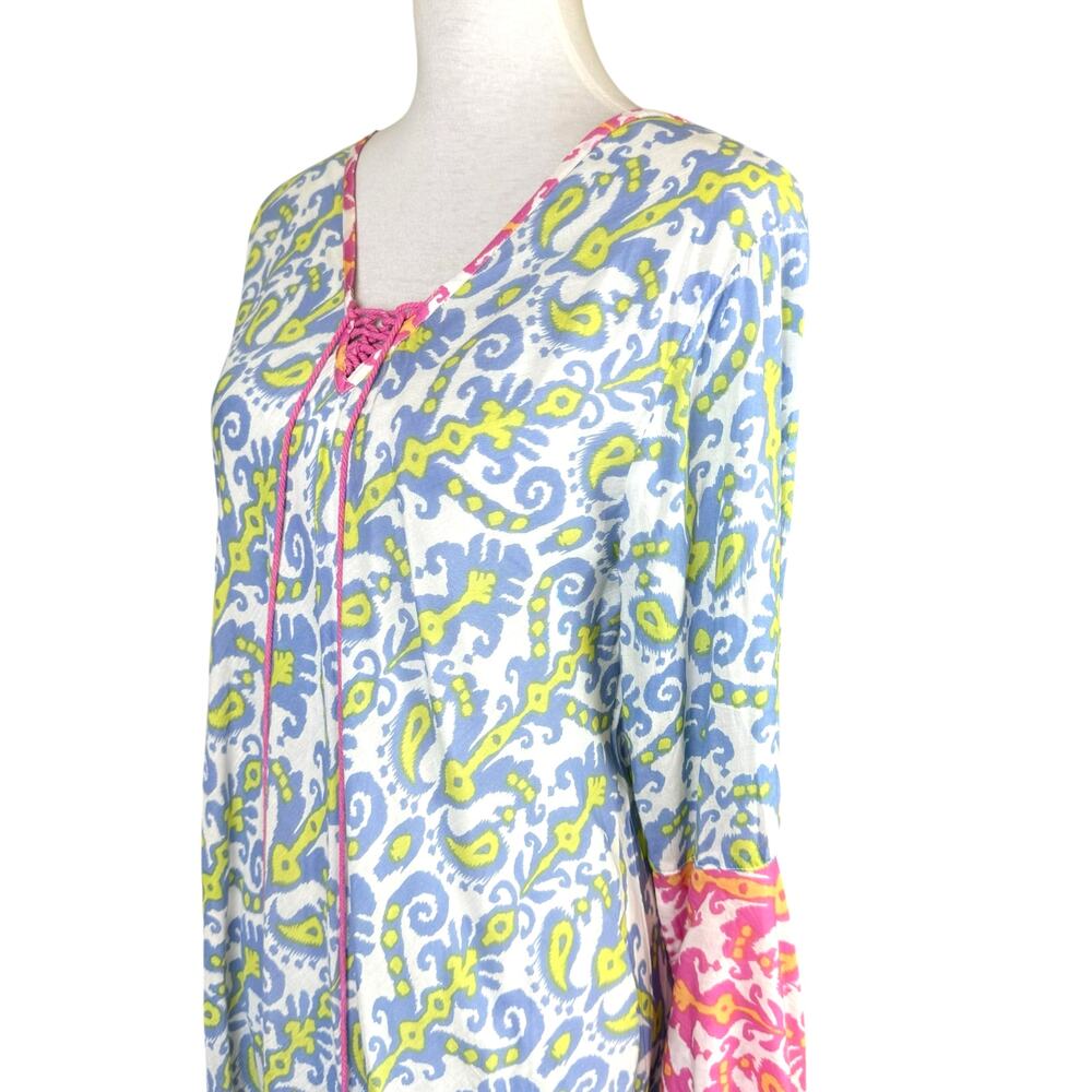 Z&L Pink Blue Ornamental Paisley Colorful Bell Sleeve Coverup Tunic Mini Dress - Picture 5 of 13